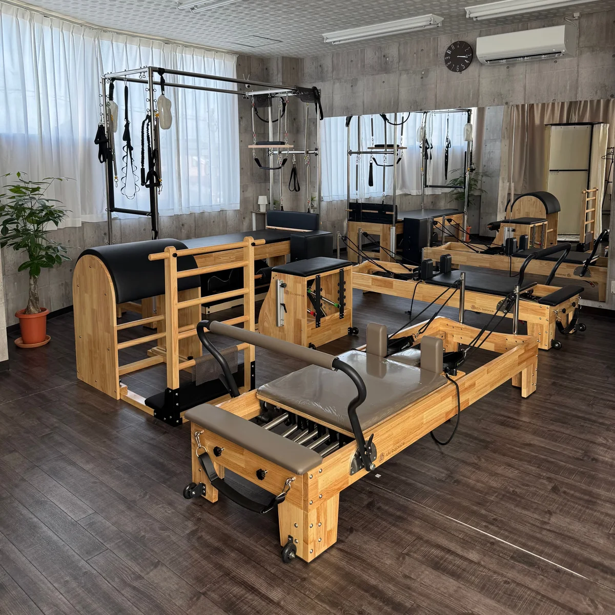 リフォーマーやタワーが並ぶスタジオ内観